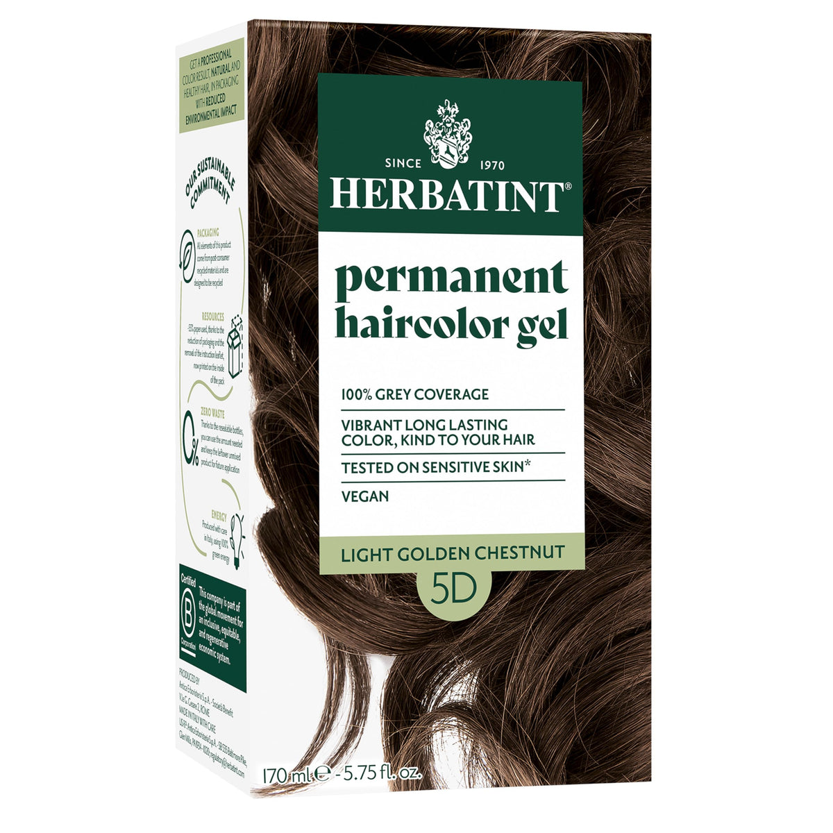 Herbatint permanent dye bottle close-up in 5D light golden chestnut for vibrant color