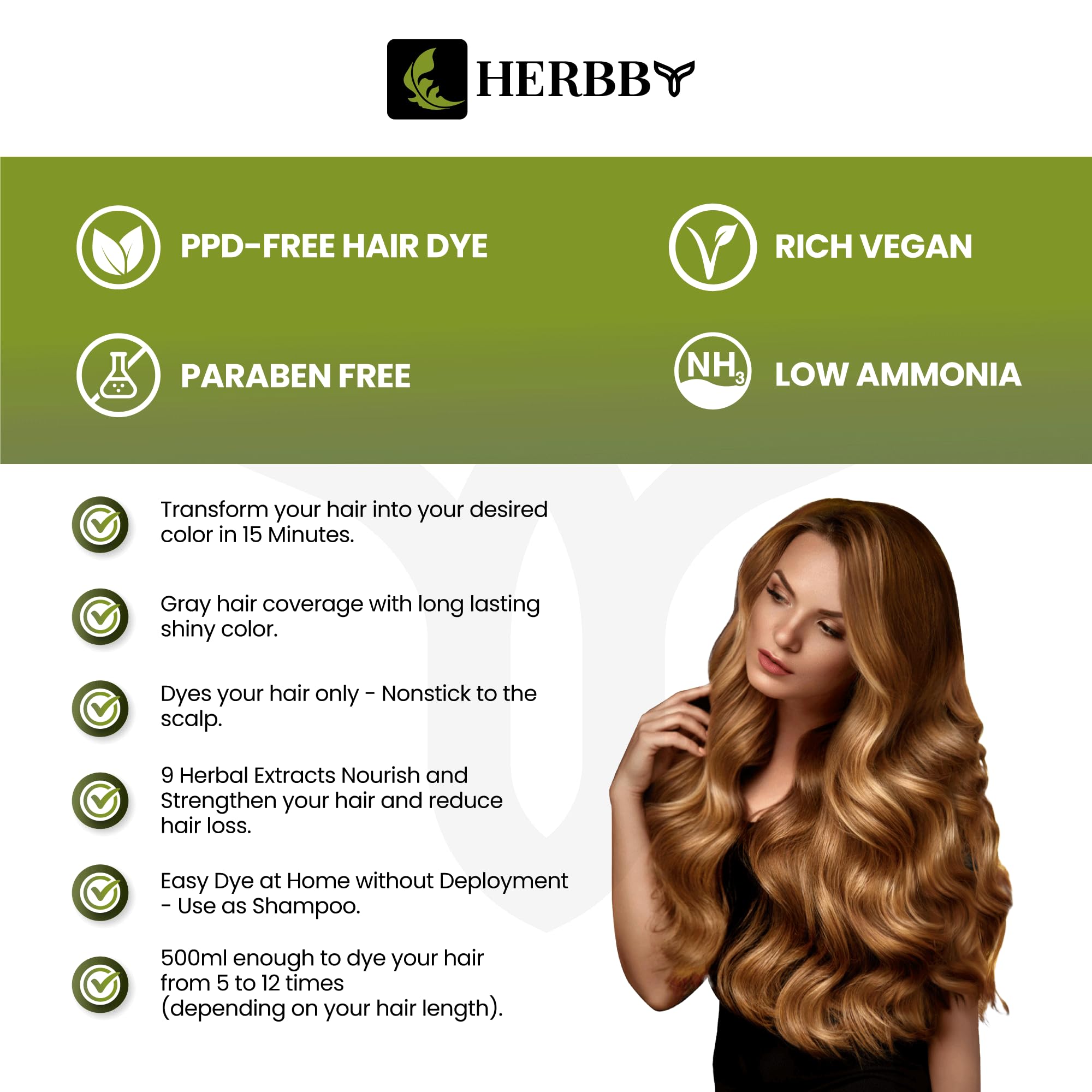 HERBBY 9 herbal extracts close-up emphasizes nourishing formula for healthier strands