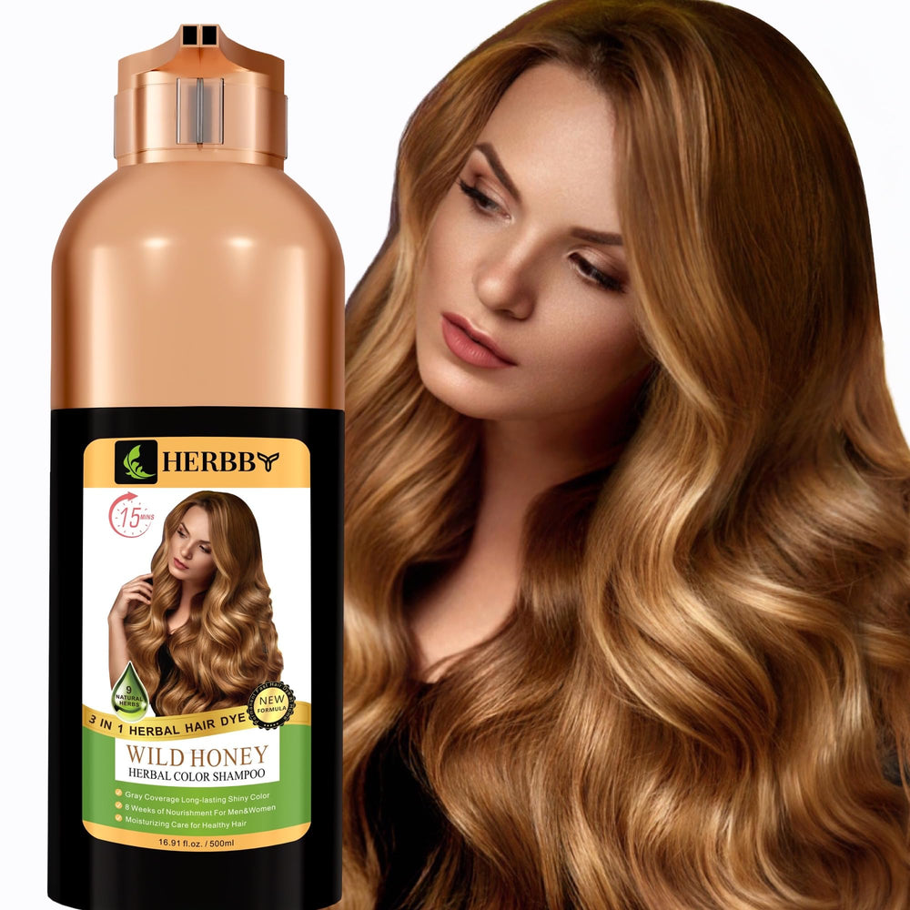 HERBBY gray hair color shampoo bottle demonstrates bold coverage and shine