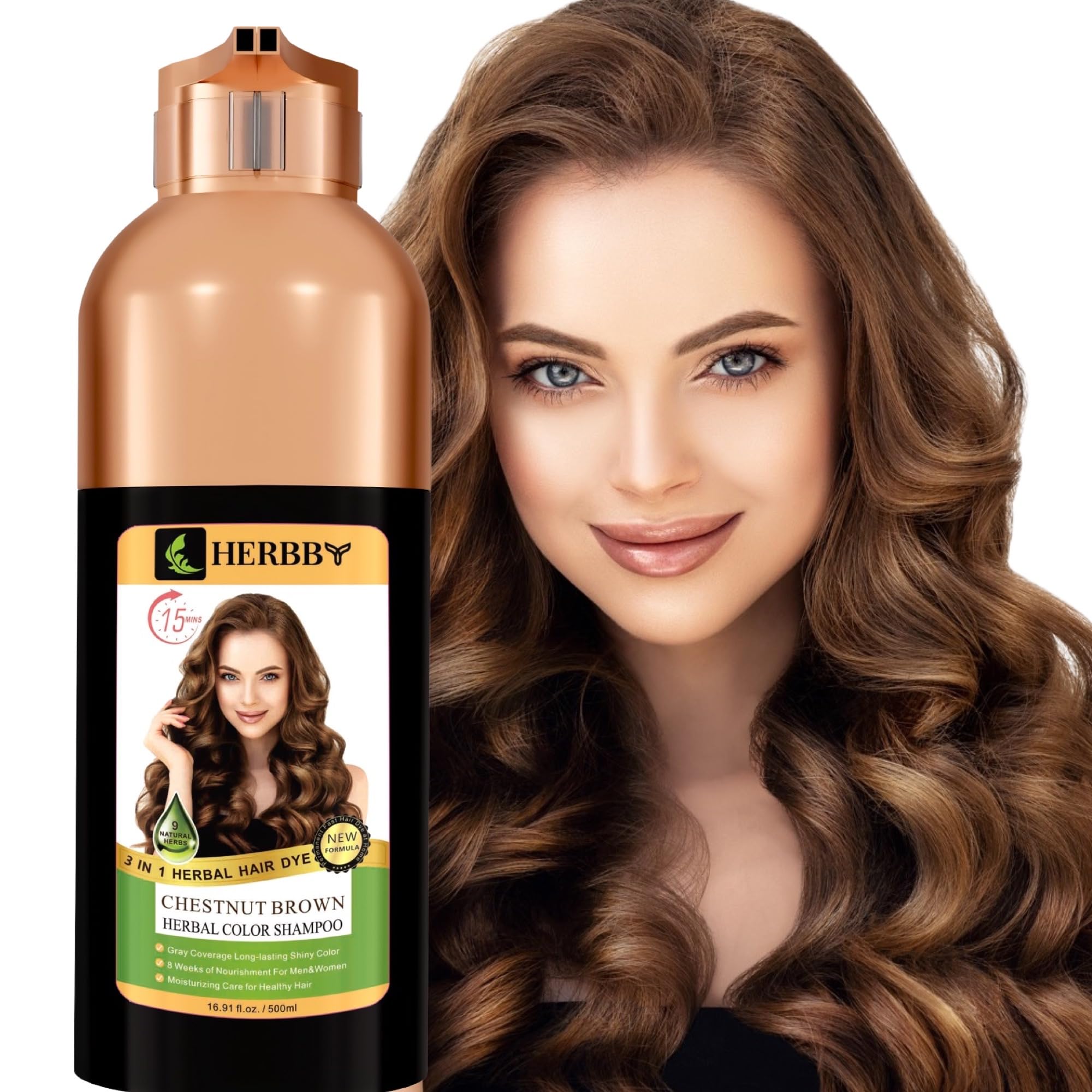 HERBBY gray hair coverage shampoo bottle pouring for chestnut brown transformation.