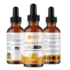 Herbi Habitat Vitamin E oil dropper highlights precise application for daily skin care.