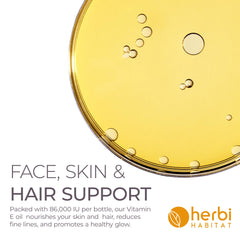 Herbi Habitat Vitamin E oil pour close-up suggests easy, quick moisture for dry skin.