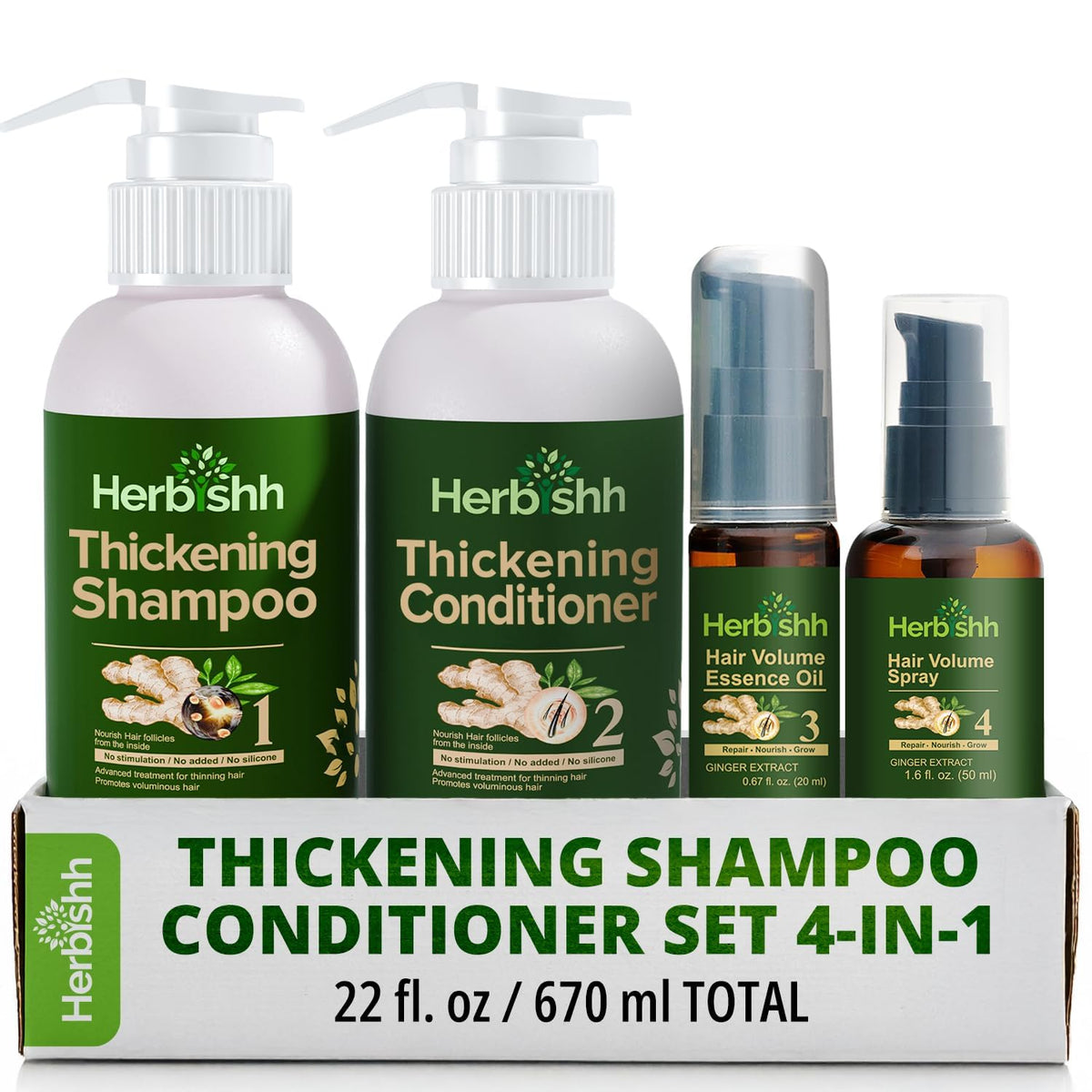Herbishh Thickening Shampoo bottle shows fuller hair support