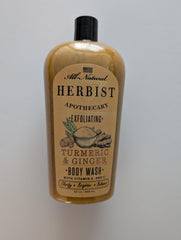 Herbist exfoliating body wash bottle with turmeric and ginger for refreshed, hydrated skin