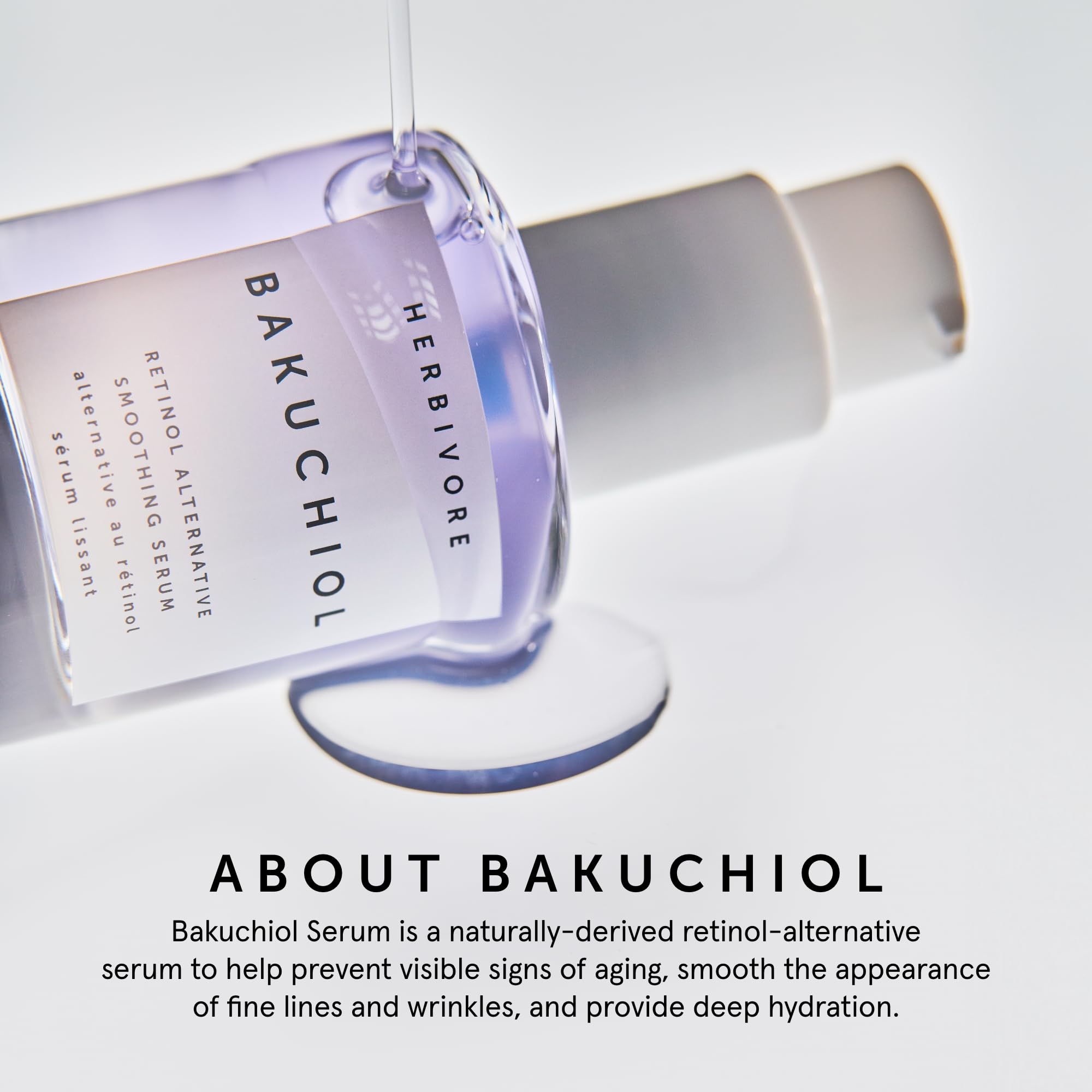 HERBIVORE Bakuchiol serum dispense pump demonstrates easy, controlled application