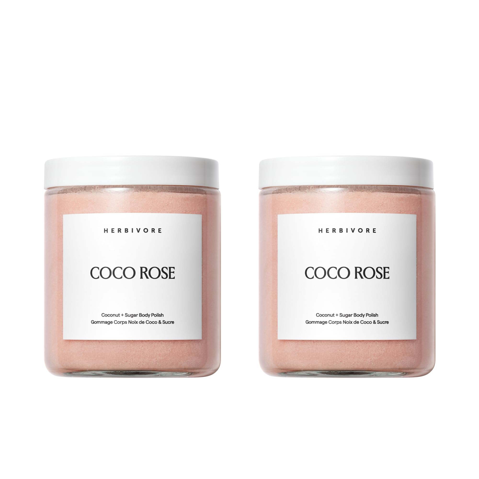 HERBIVORE Coco Rose body polish bottle shows exfoliation and hydration
