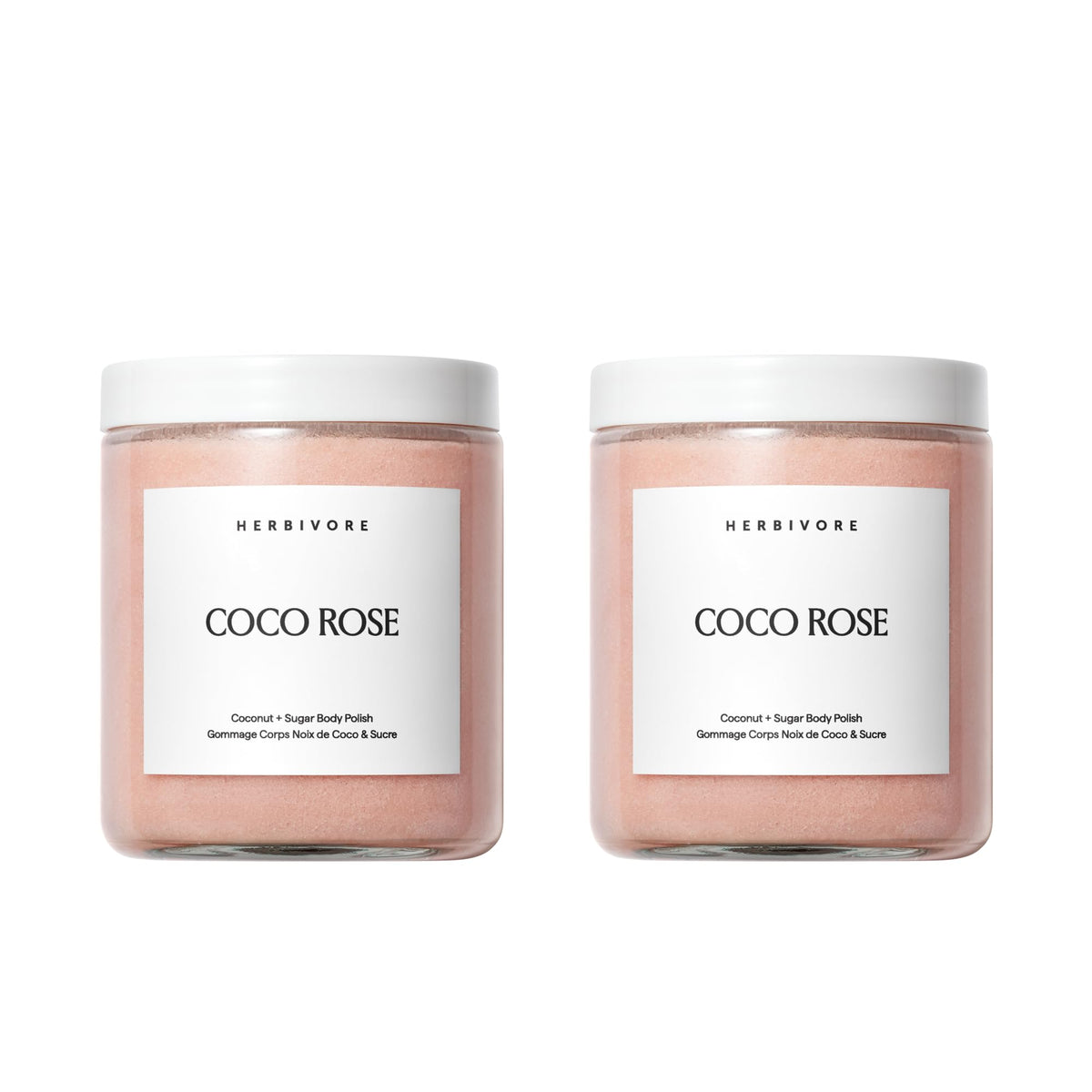 HERBIVORE Coco Rose body polish bottle shows exfoliation and hydration
