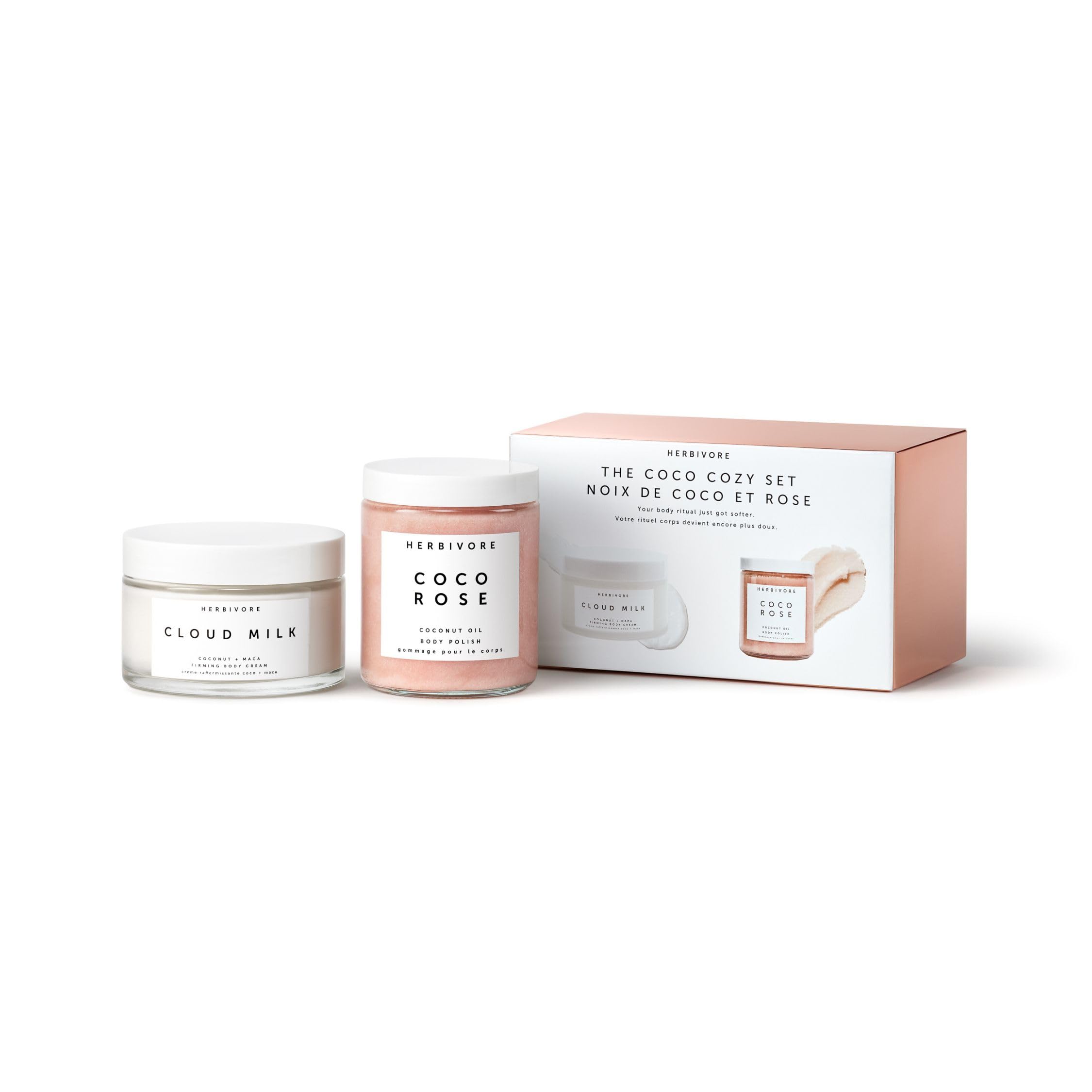 HERBIVORE Coco Rose body polish jar showing exfoliating texture for smoother skin