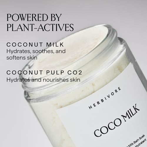 HERBIVORE Coconut Milk Bath Soak label highlights vegan, plant-based formula for mindful pampering.