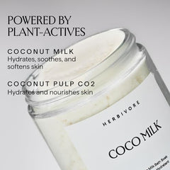 HERBIVORE Coconut Milk Bath Soak label highlights vegan, plant-based formula for mindful pampering.