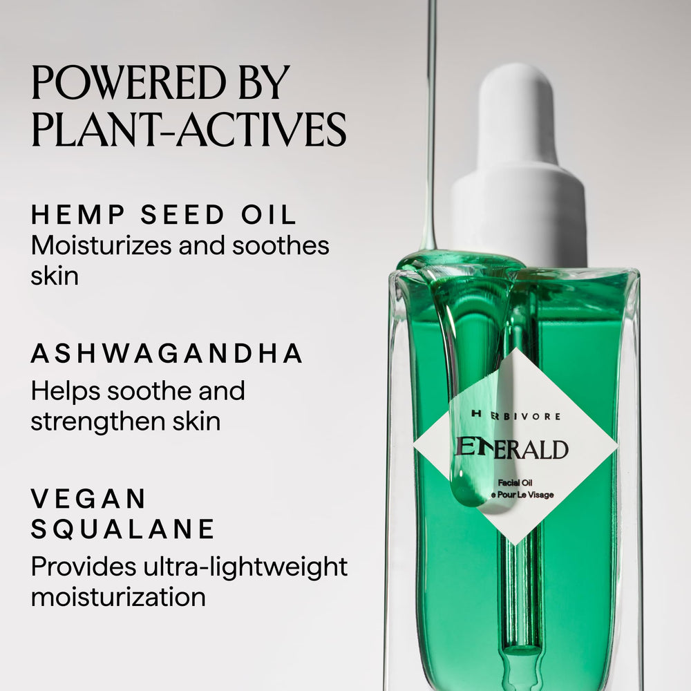 HERBIVORE Emerald Facial Oil label highlights vegan blemish-prone friendly ingredients