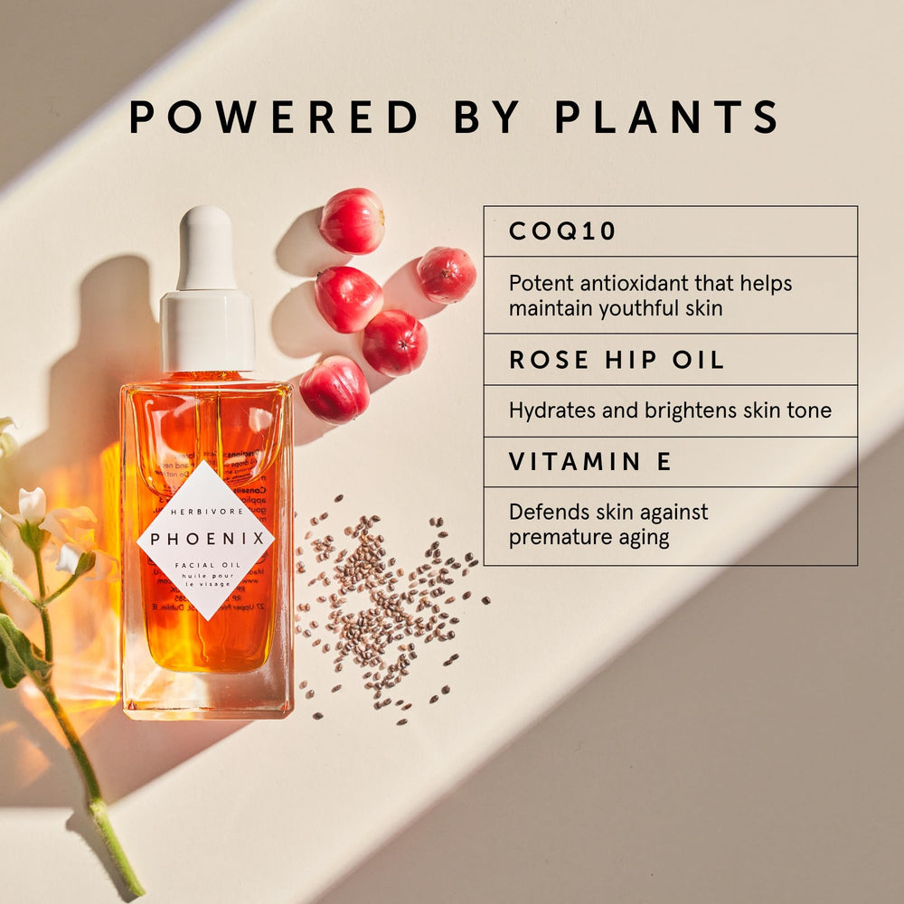 Herbivore Phoenix Face Oil drops showing quick-absorb texture for morning routines.