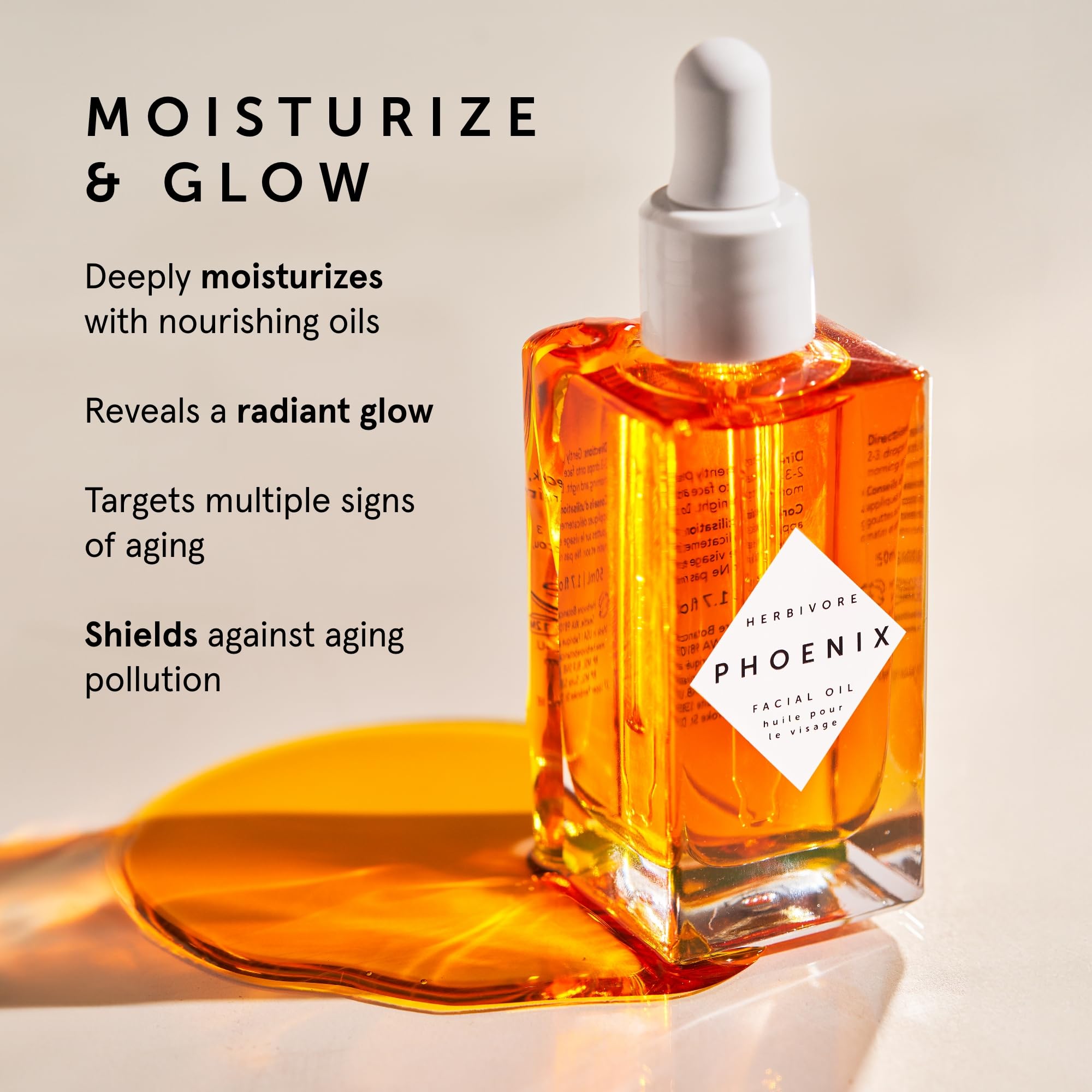 Herbivore Phoenix Face Oil with rosehip highlights a healthy looking, smooth complexion.