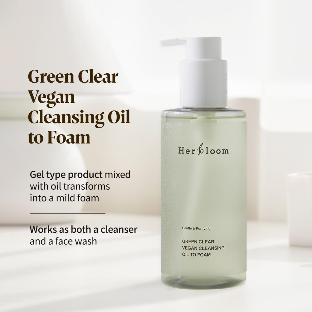 Herbloom Green Clear foam-activation visual showing gel-to-foam for mild cleansing.