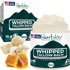 Herblov Beef Tallow Balm jar closeup showing rich texture for all-over hydration.
