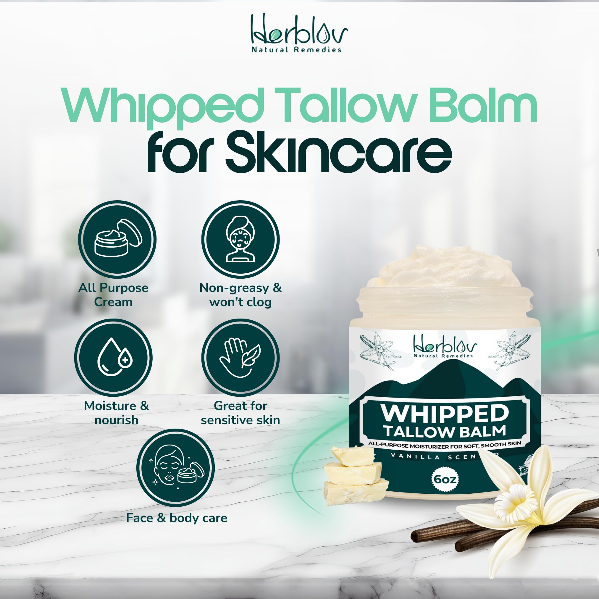 Herblov Beef Tallow Balm vanilla ingredients list highlights natural care
