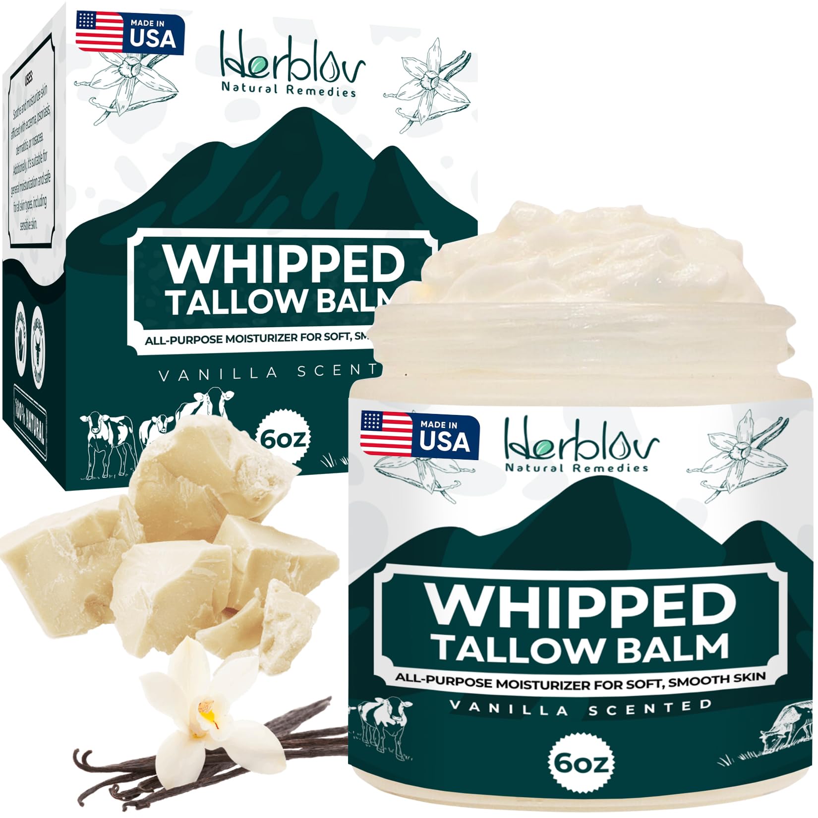 Herblov Beef Tallow Balm vanilla jar glows with rich hydration for dry skin