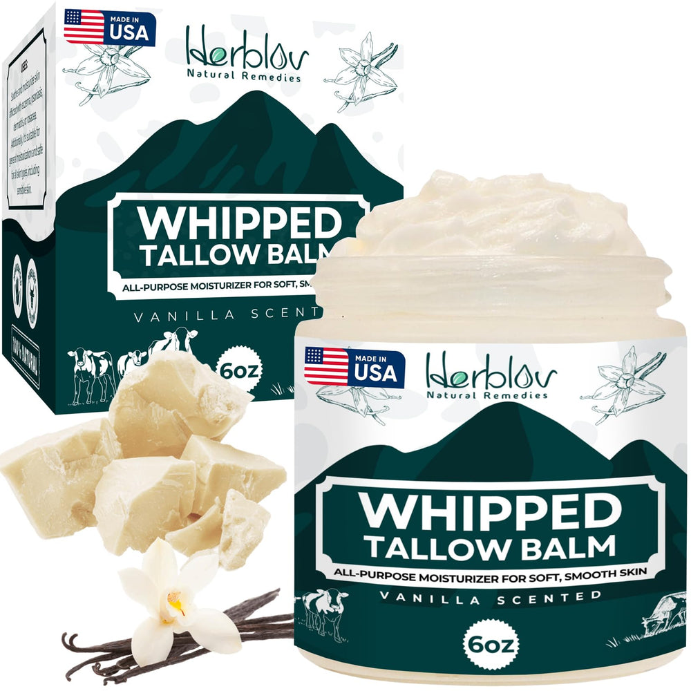 Herblov Beef Tallow Balm vanilla jar glows with rich hydration for dry skin