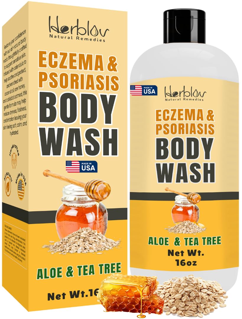 Herblov Eczema Body Wash bottle close-up showing soothing formula for sensitive skin.