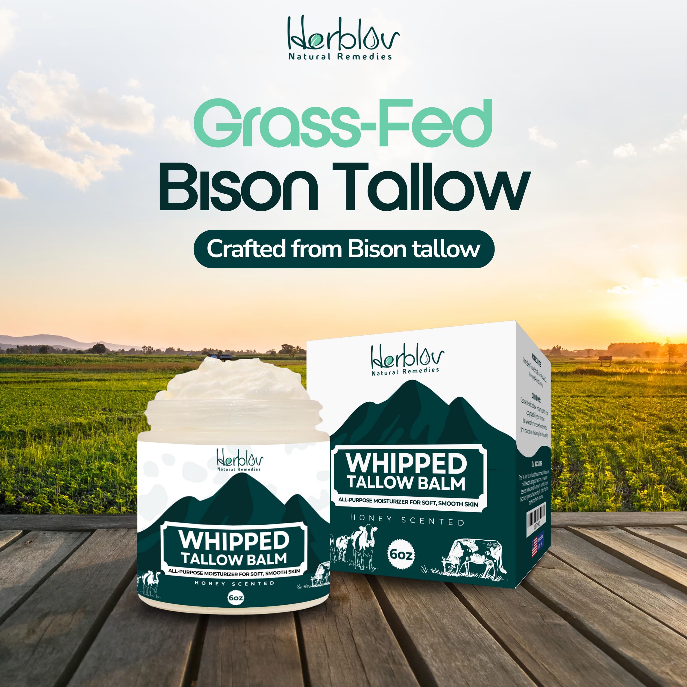Herblov Made in USA Tallow Balm packaging and label for quality.