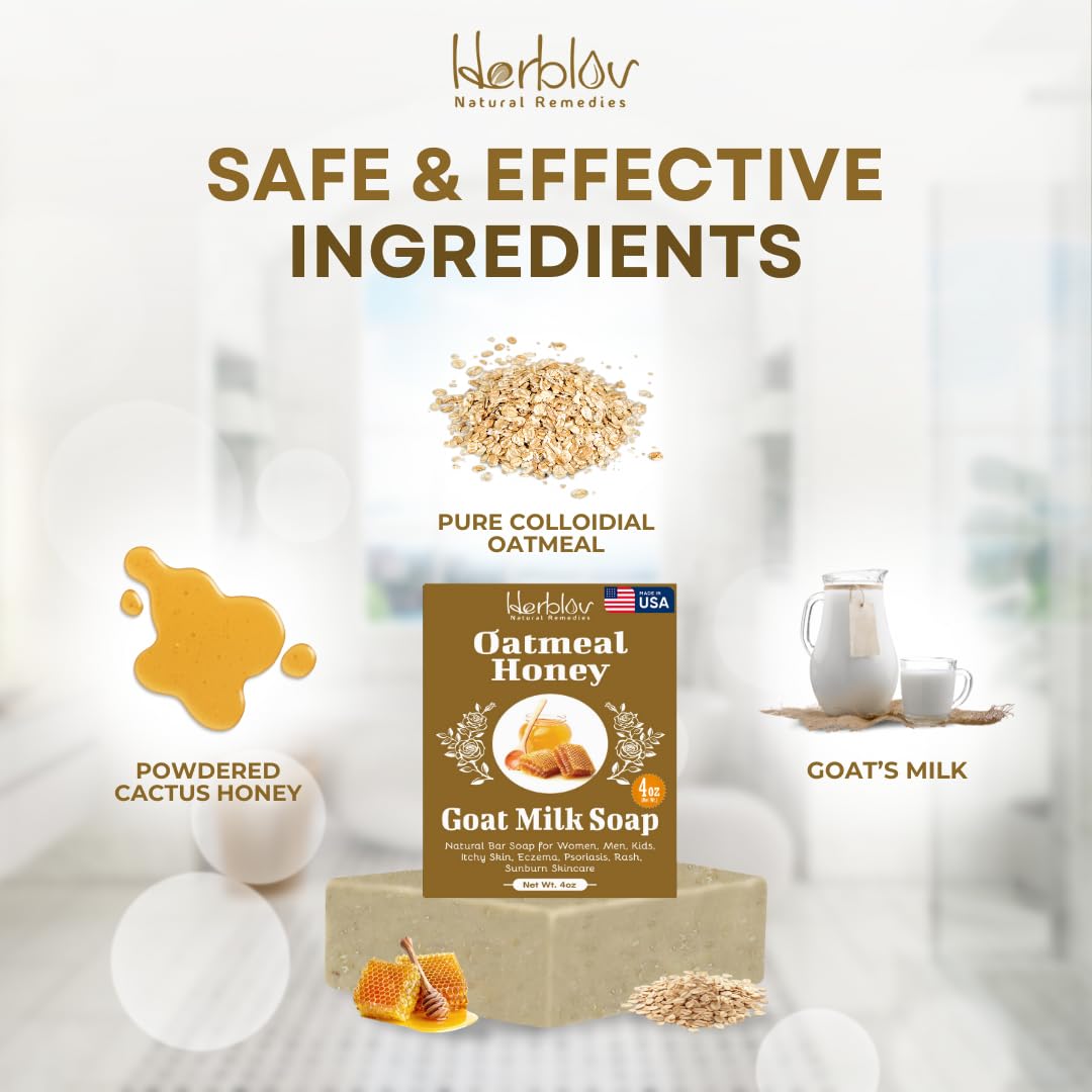Herblov oatmeal honey goat milk soap bar used on face and body for comfortable daily cleansing