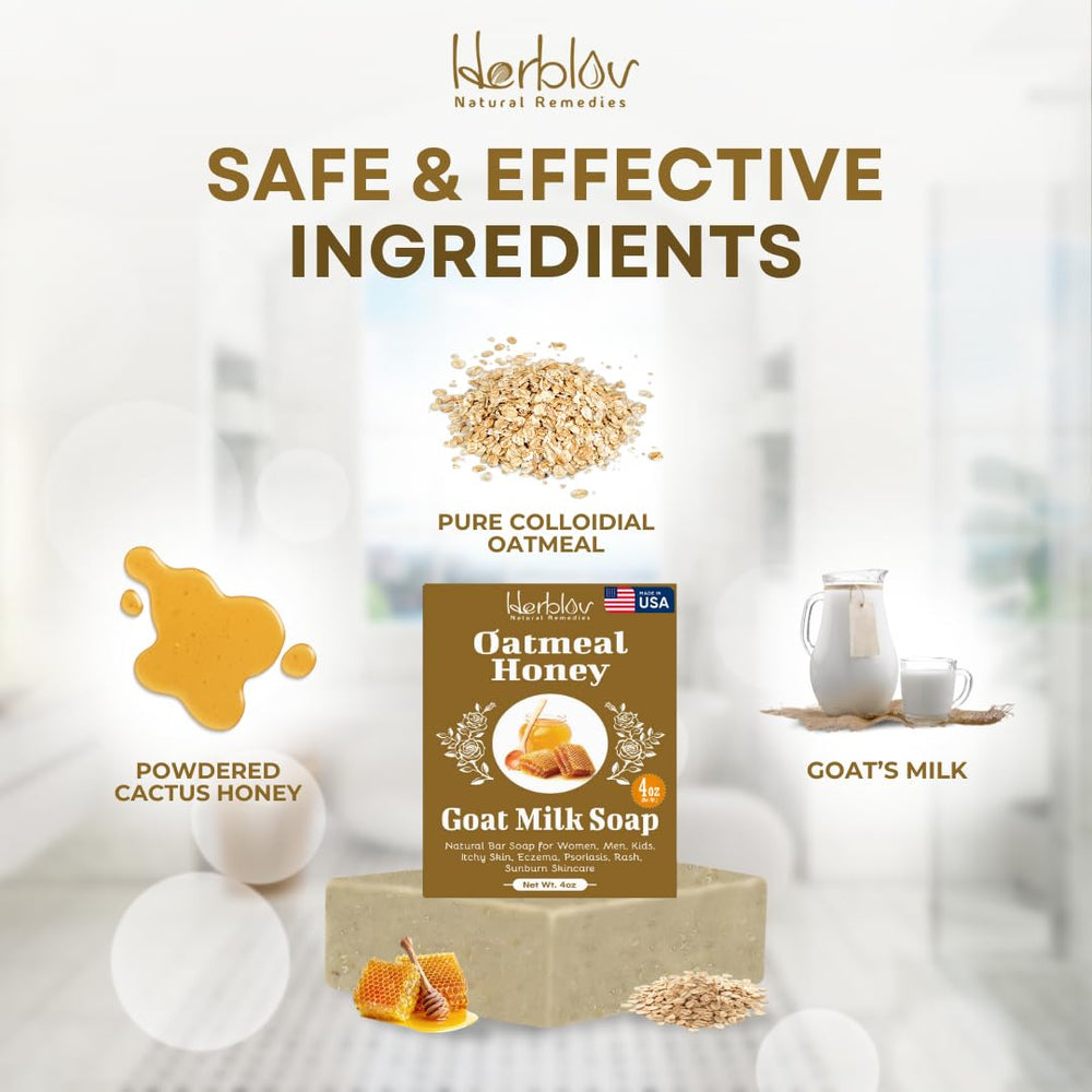 Herblov oatmeal honey goat milk soap bar used on face and body for comfortable daily cleansing