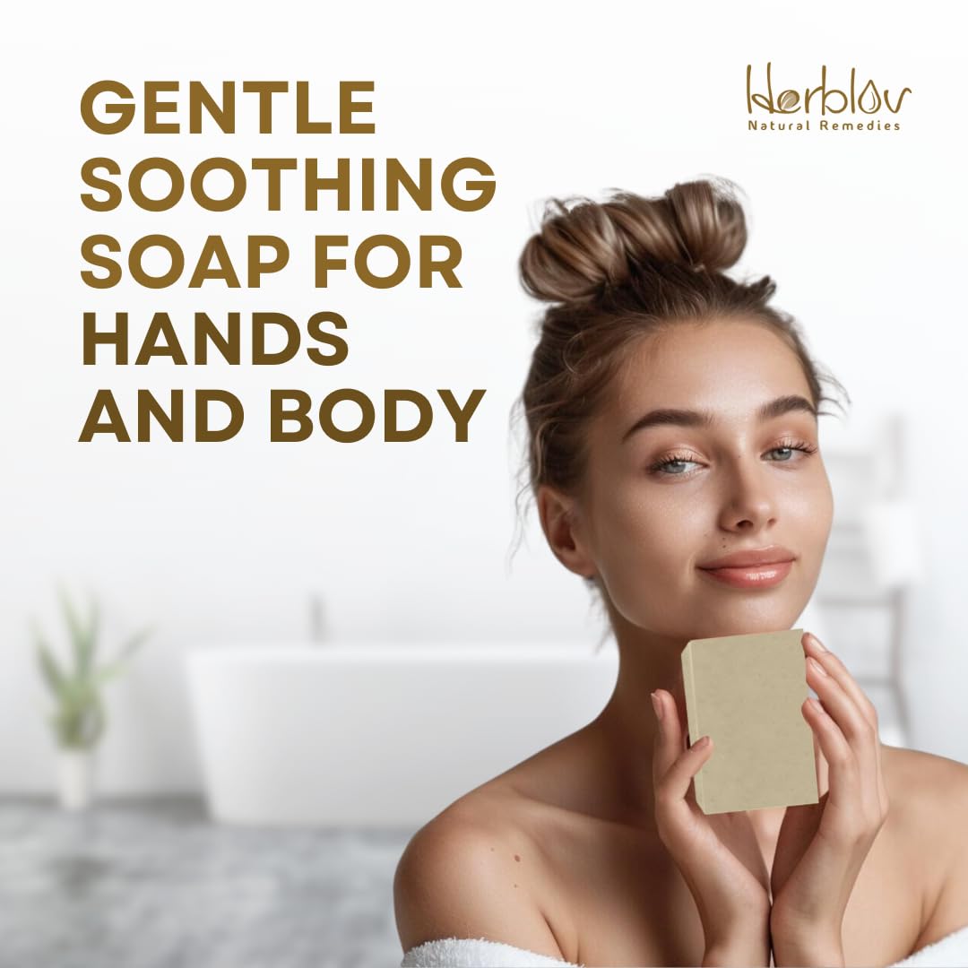 Herblov oatmeal honey goat milk soap bar packaging display suggests handmade USA quality