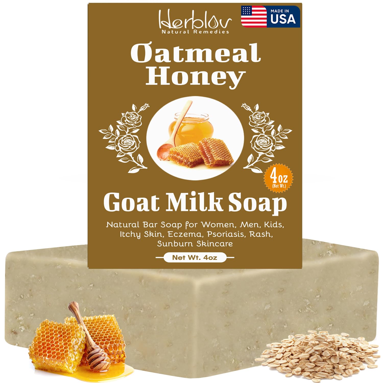 Herblov oatmeal honey goat milk soap bar raw ingredients closeup highlighting natural components
