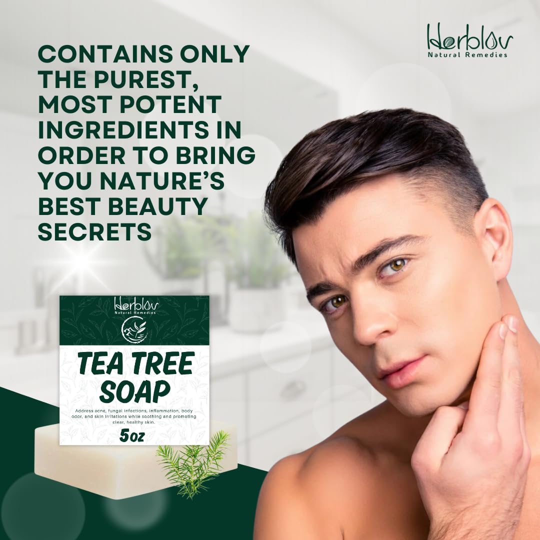 Herblov Tea Tree Soap in bathroom setting.