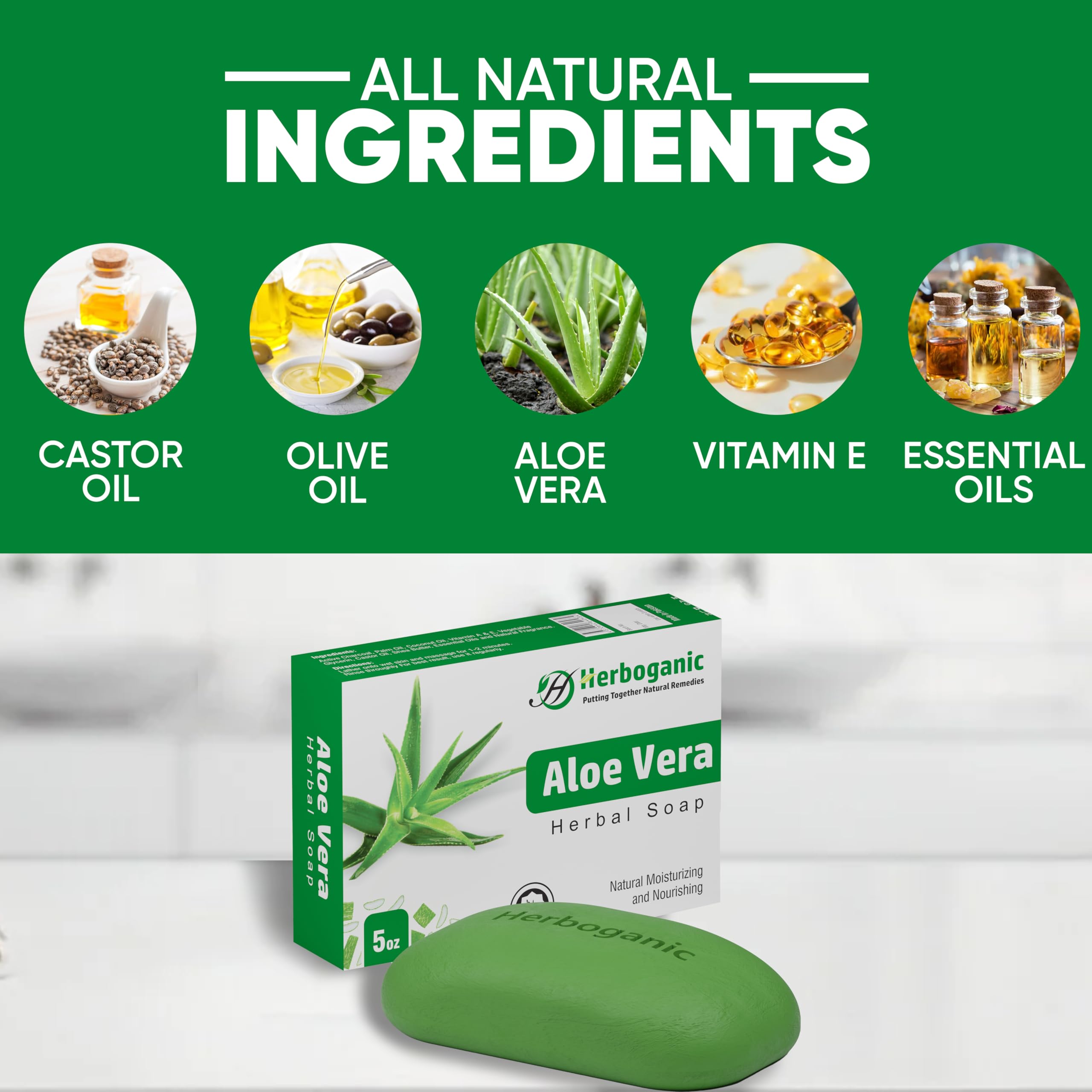 HERBOGANIC Aloe Vera Herbal Soap closeup bar highlighting natural soothing ingredients