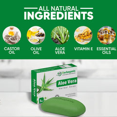 HERBOGANIC Aloe Vera Herbal Soap closeup bar highlighting natural soothing ingredients
