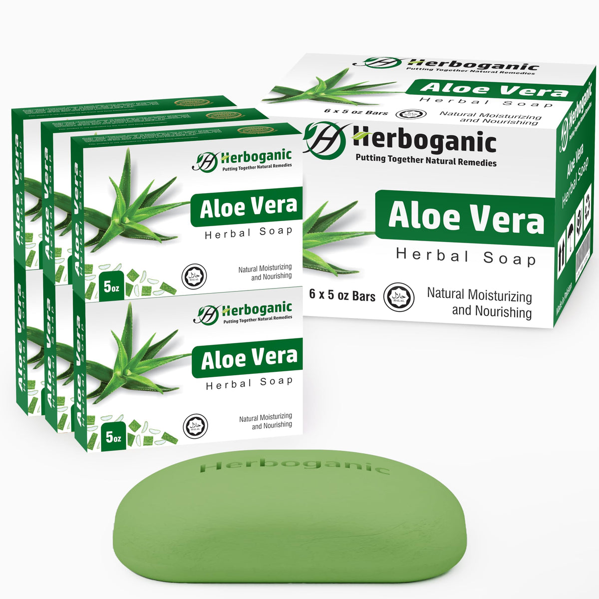 HERBOGANIC Aloe Vera Herbal Soap six bars on display for everyday cleansing