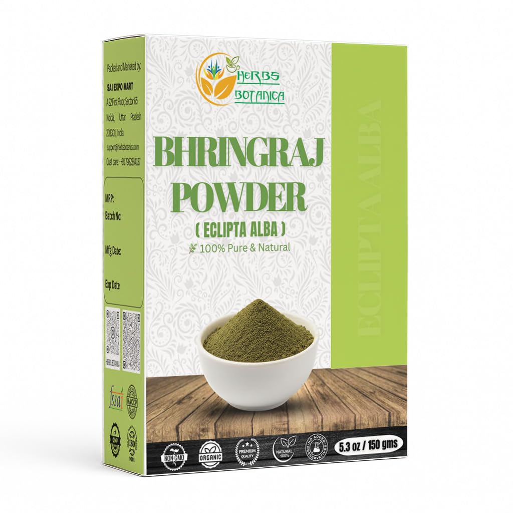 Herbs Botanica Bhringraj Powder packaging highlighting natural formula for hair nourishment.