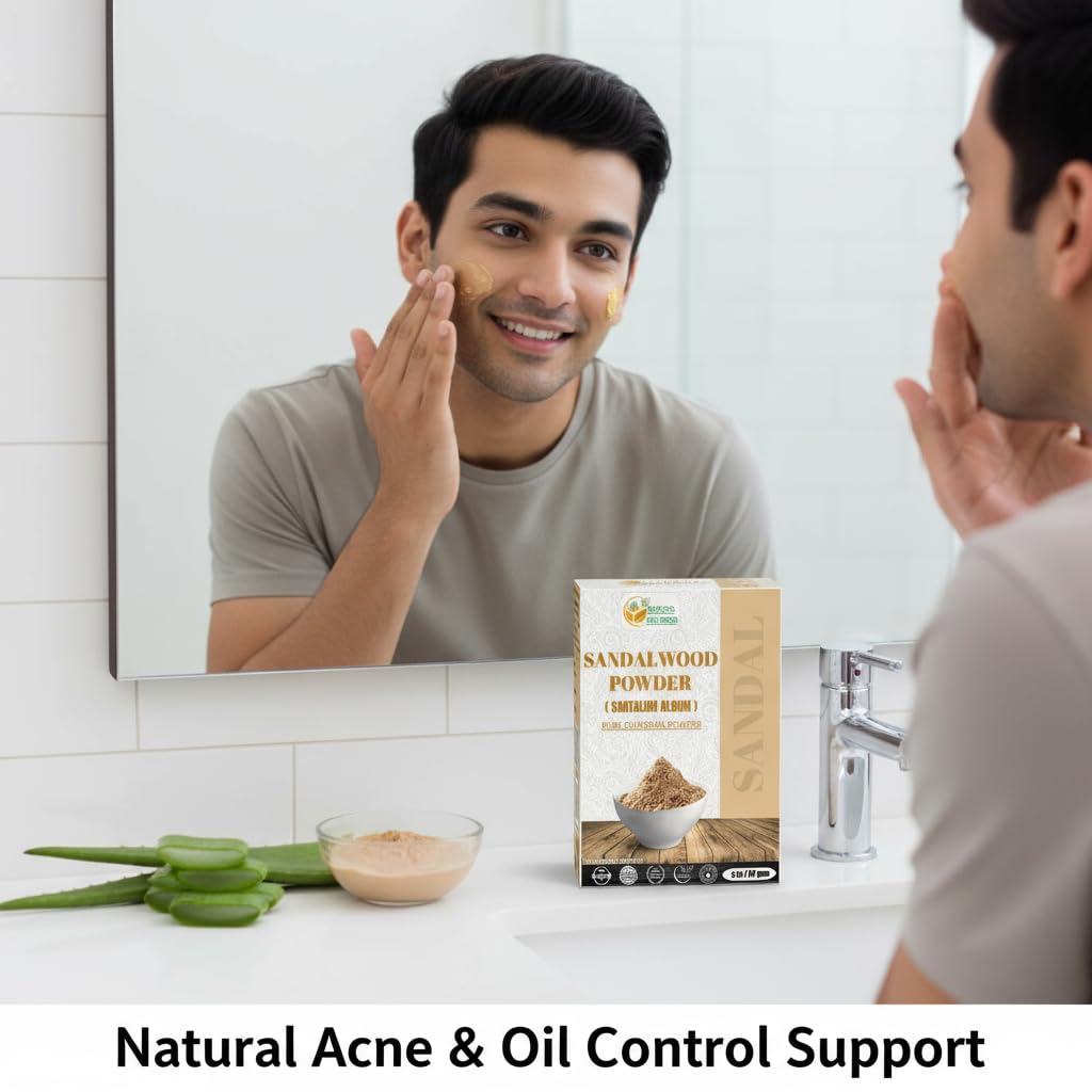 Herbs Botanica Chandan sandalwood powder application during facial routine.