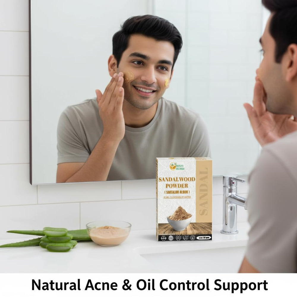 Herbs Botanica Chandan sandalwood powder application during facial routine.