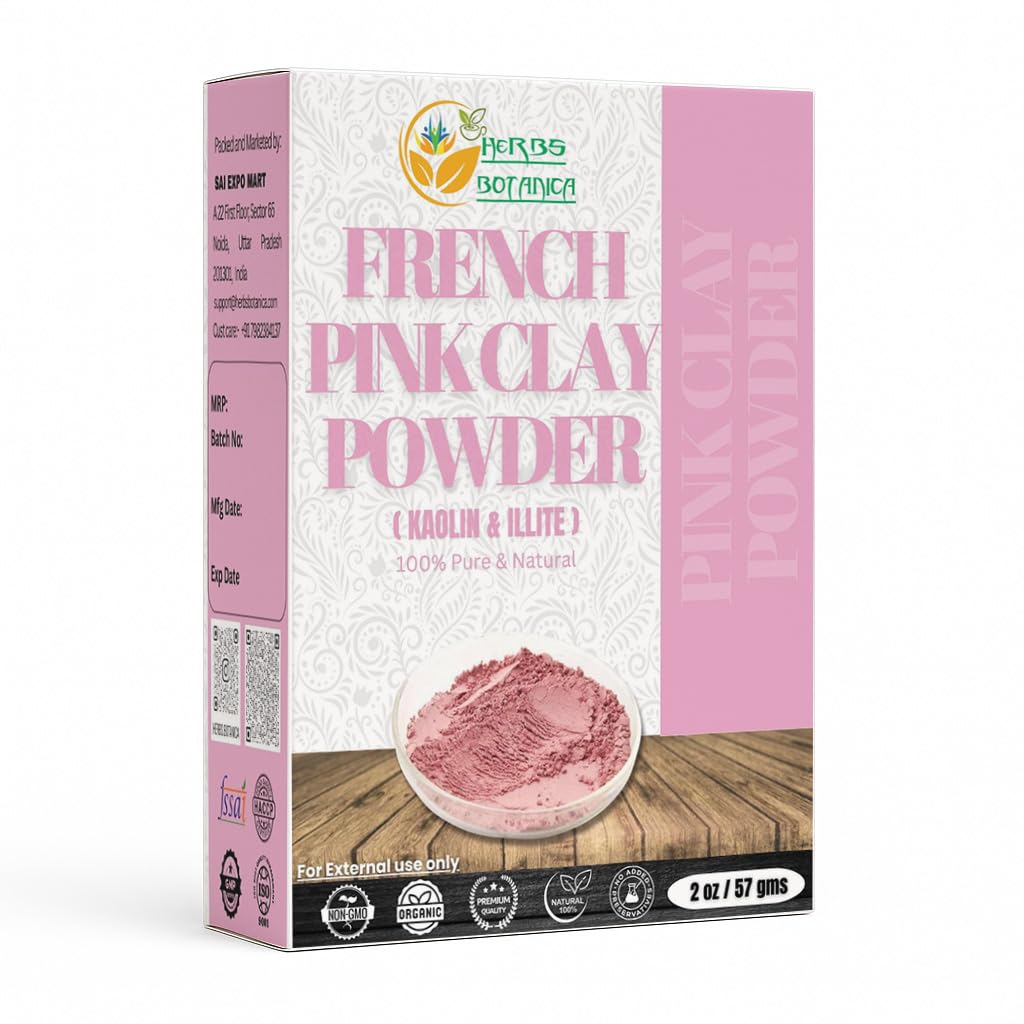 Herbs Botanica French Pink Clay powder in a resealable 2 oz pouch for DIY masks.