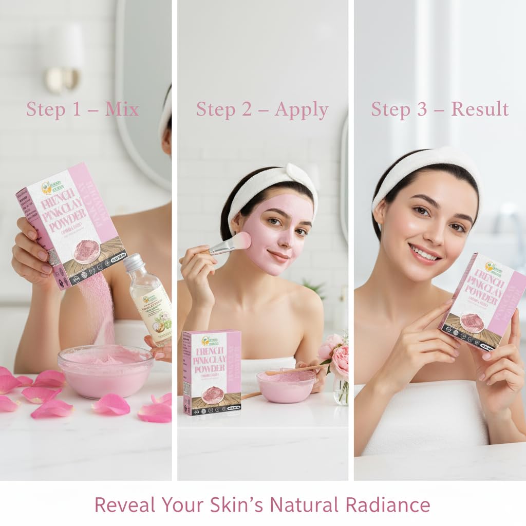 Herbs Botanica pink clay powder on a bathroom vanity in spa-like setting.