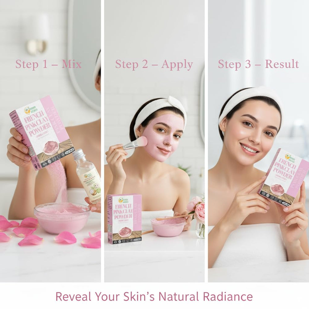Herbs Botanica pink clay powder on a bathroom vanity in spa-like setting.