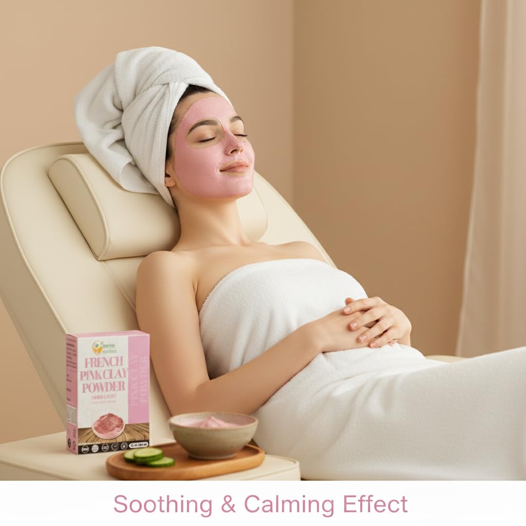 Herbs Botanica pink clay mask application demonstrating gentle cleansing.