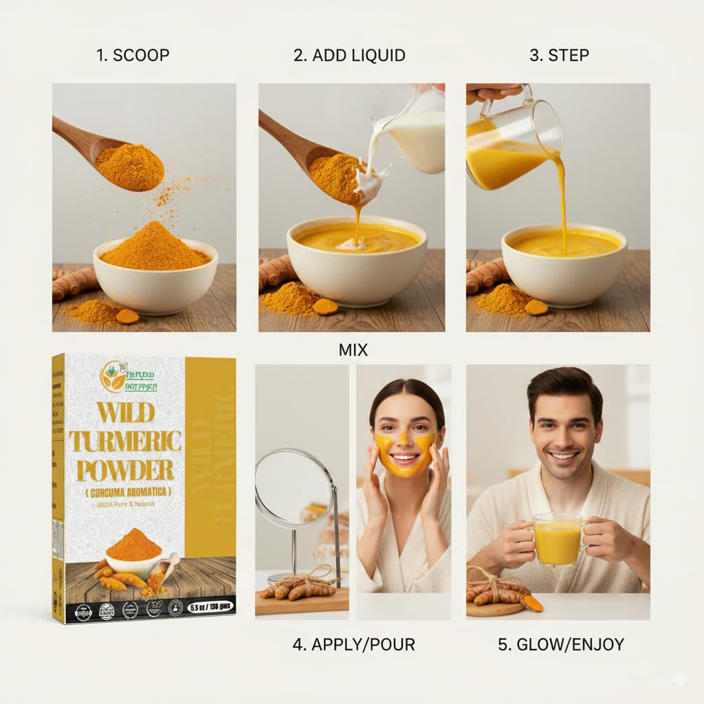 Herbs Botanica Kasturi Turmeric powder's vibrant color used in traditional beauty rituals.