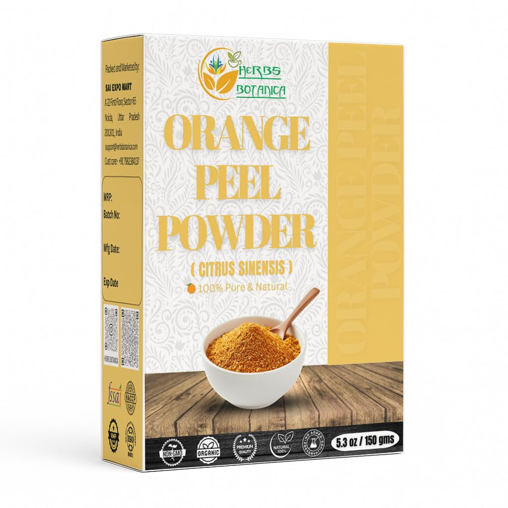 Herbs Botanica orange peel powder in resealable pack showcases natural citrus aroma for skincare