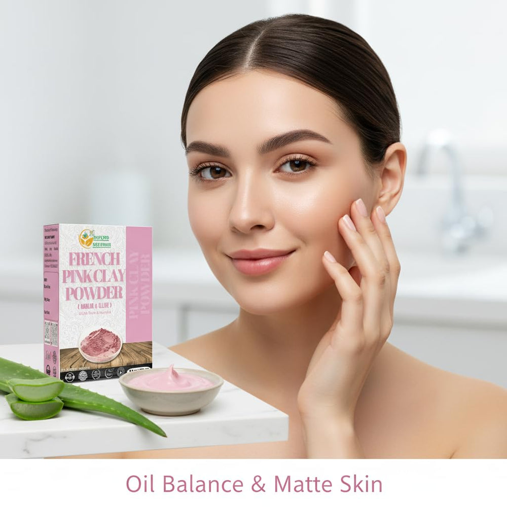 Resealable pouch keeps pink clay powder fresh between uses.