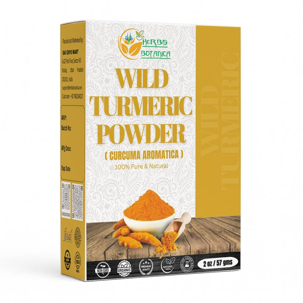 Herbs Botanica Wild Turmeric Powder 2oz packaging close-up for fresh, additive-free skincare.