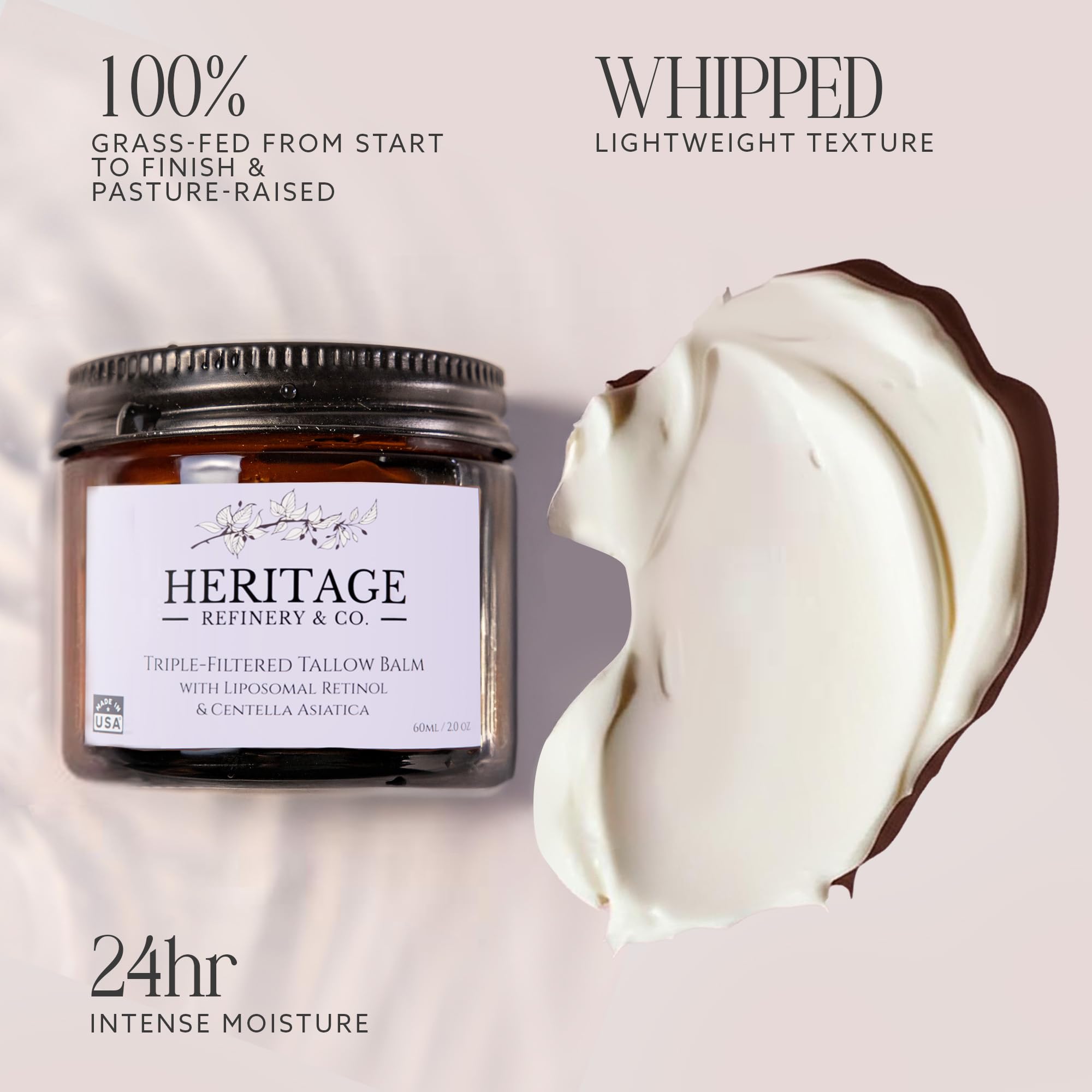 Heritage Refinery & Co. grass-fed tallow ingredients label indicating natural nourishment.