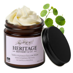 Heritage Refinery & Co. whipped beef tallow jar closeup for deep hydration.