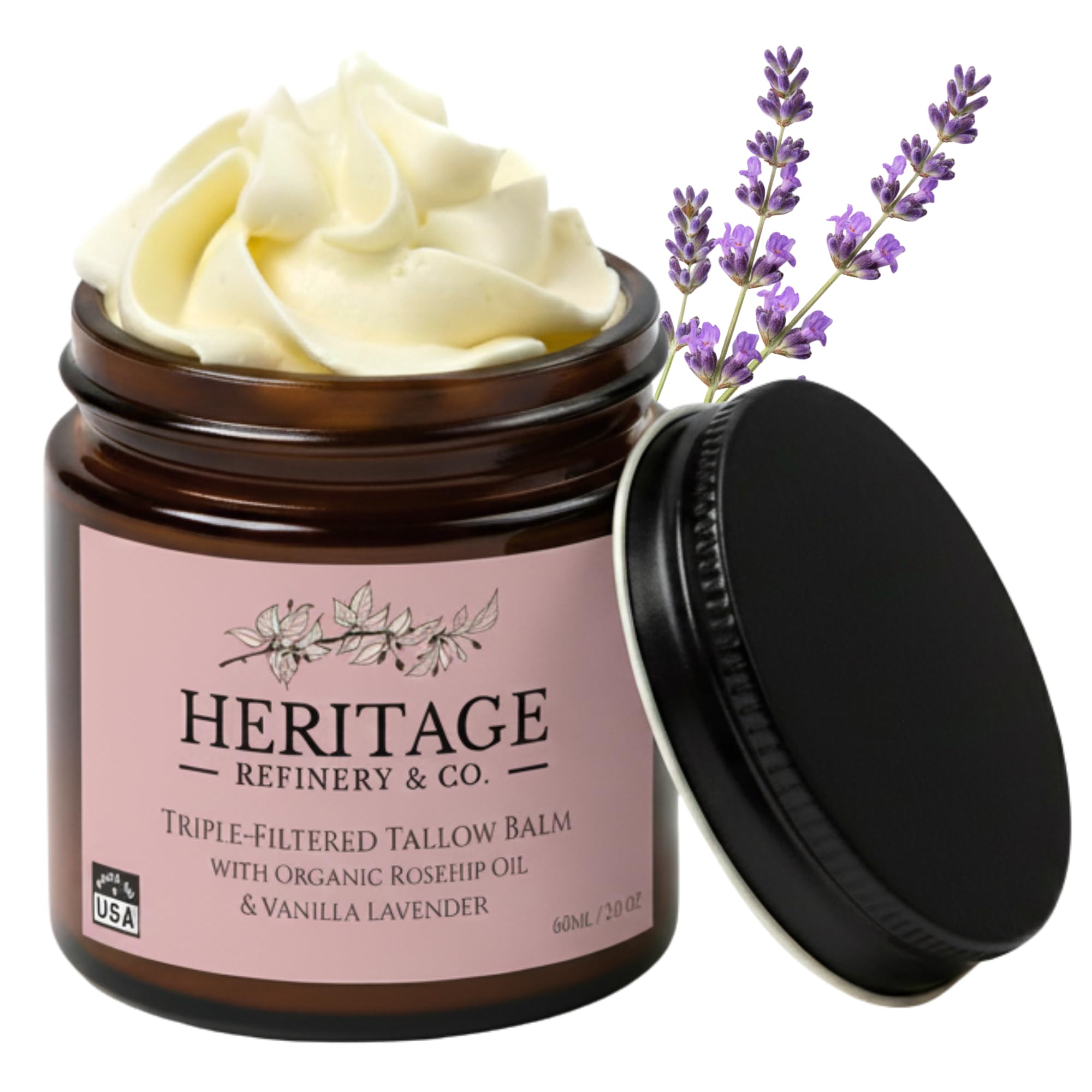 Heritage Refinery whipped tallow-rosehip-lavender 2oz: nourishing moisturizer for face and body.
