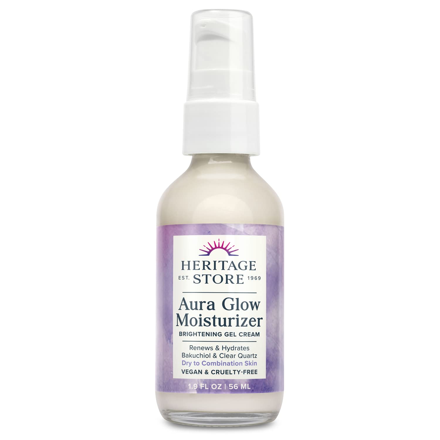 HERITAGE STORE Aura Glow bottle on a clean vanity promotes hydrated, radiant skin.