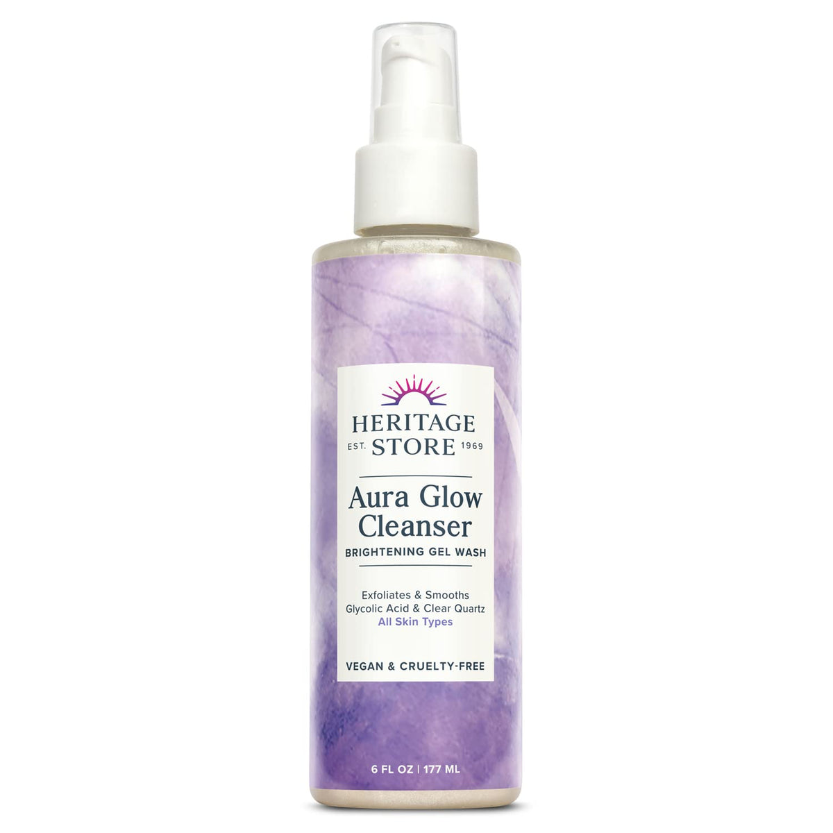 Heritage Store Aura Glow Cleanser bottle shown on a bathroom counter for brightening daily use.