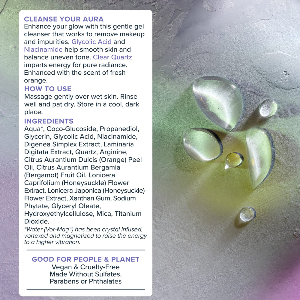 Heritage Store Aura Glow hints glycolic acid in packaging for gentle exfoliation.