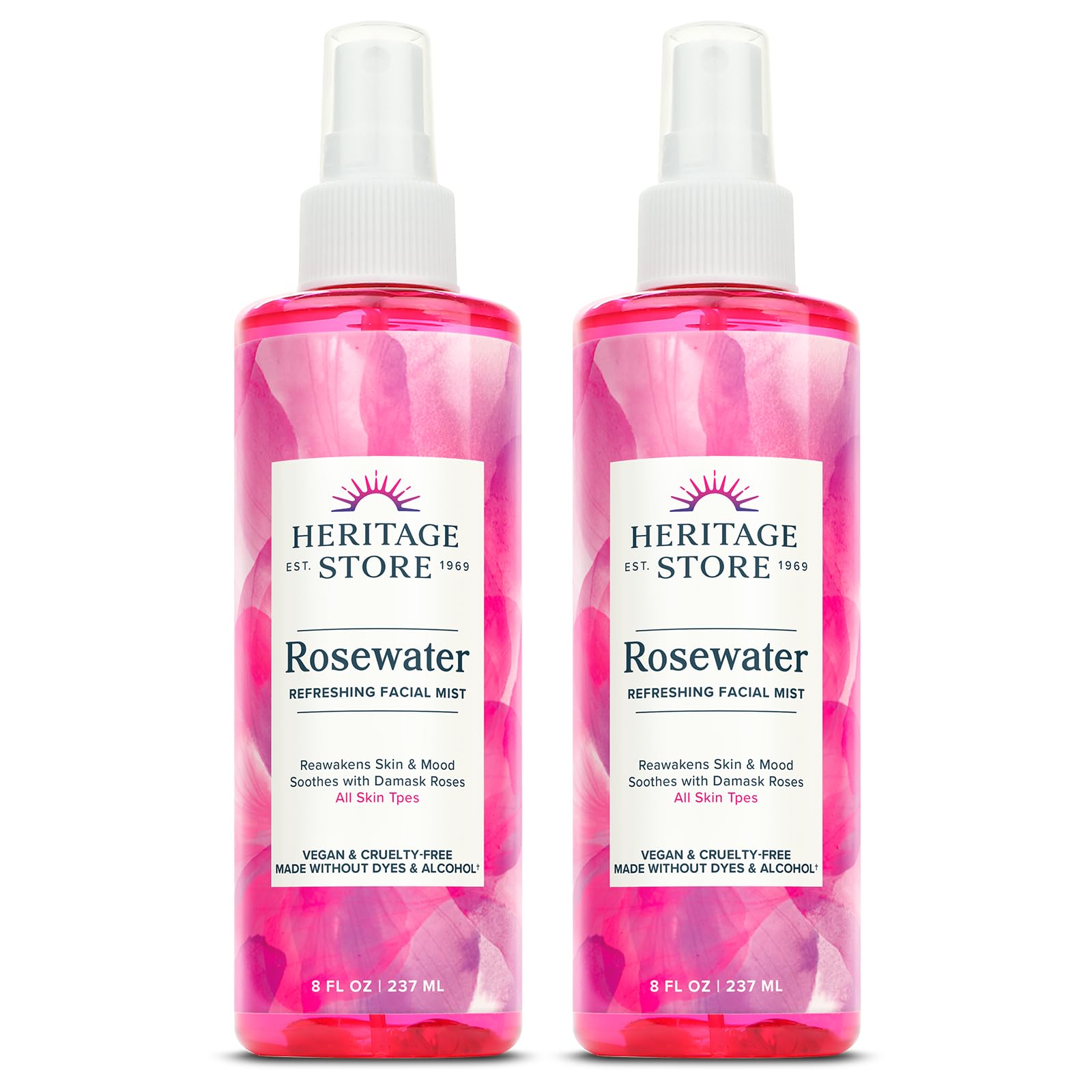 HERITAGE STORE Rosewater 2-pack bottle front, refreshing facial mist for all skin types.